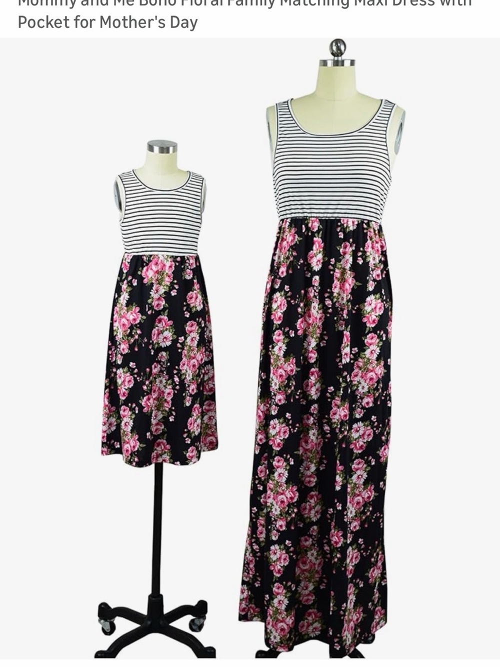Striped Black and Pink Floral Maxi Dresses Mom & Me Matching Set